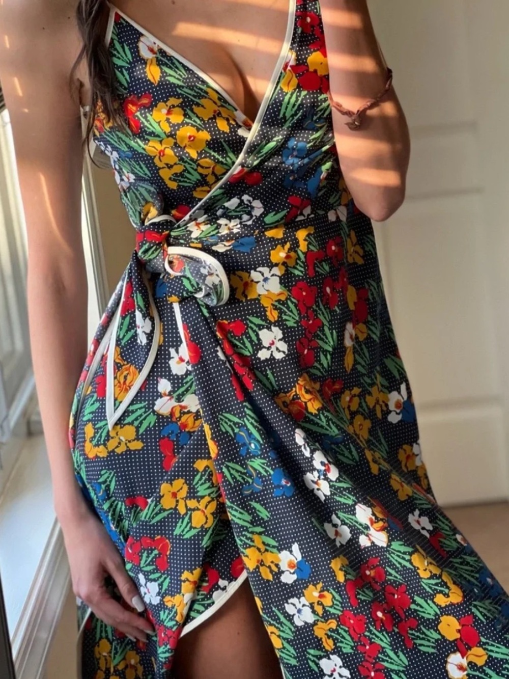 Tory Burch grotto Black Floral Wrap Maxi Dress with Red, Yellow & Green Accents